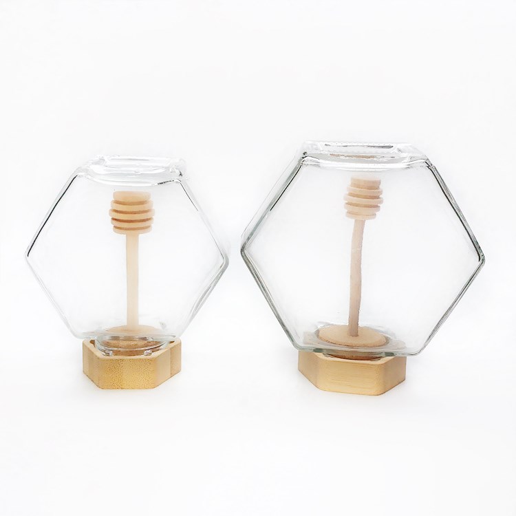 luxury 220ml 380ml flat hexagonal glass honey jar with bamboo lid