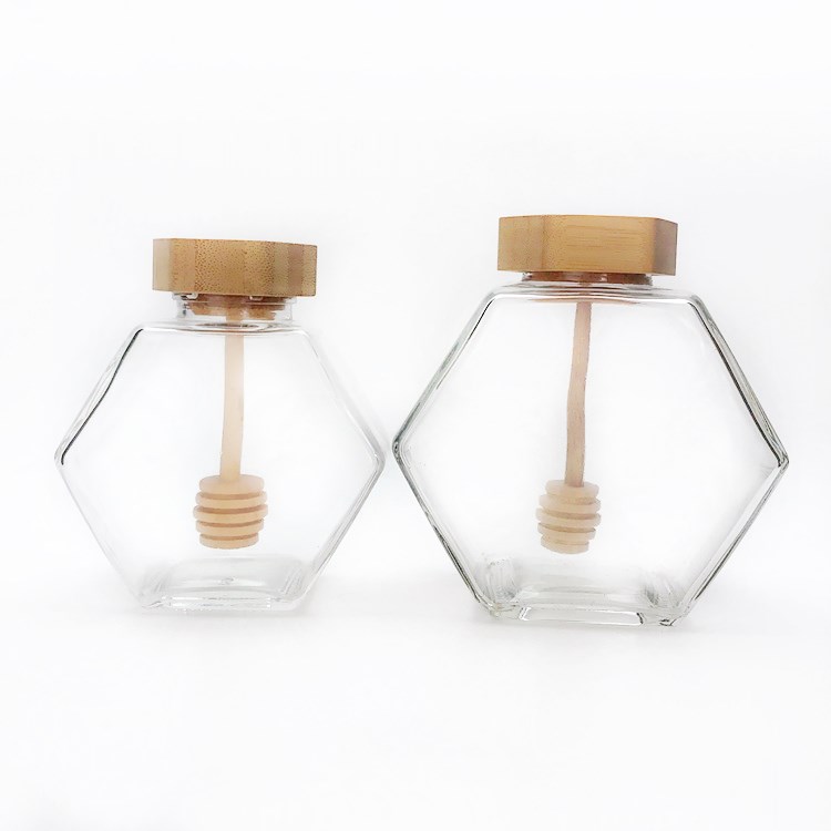 luxury 220ml 380ml flat hexagonal glass honey jar with bamboo lid