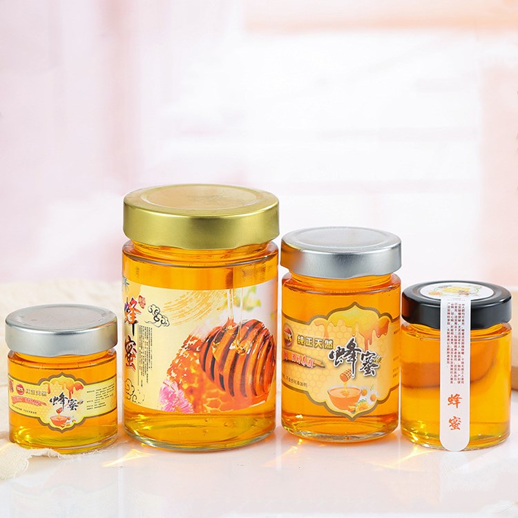 wholesale 100ml-500ml clear round straight side glass honey jars with metal lid