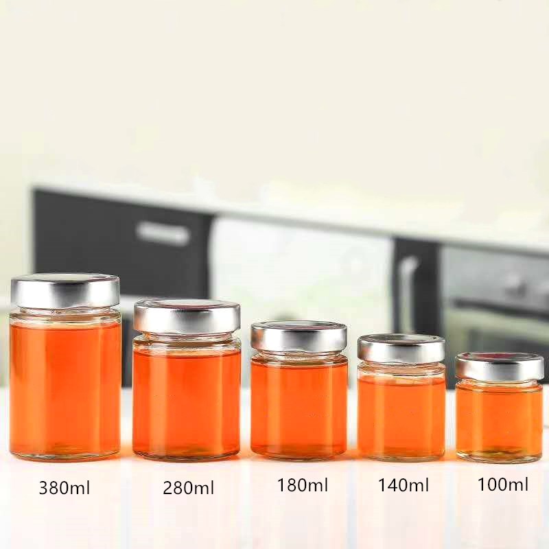 wholesale 100ml-500ml clear round straight side glass honey jars with metal lid