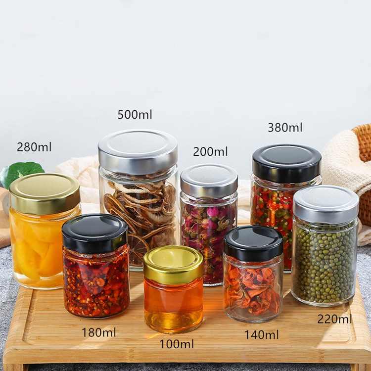 wholesale 100ml-500ml clear round straight side glass honey jars with metal lid