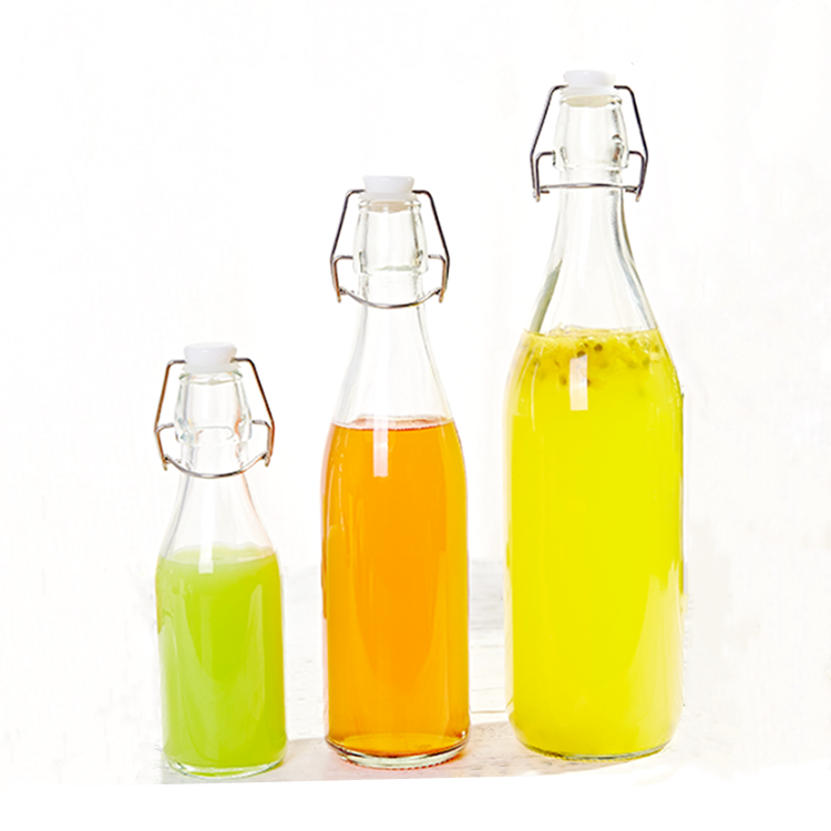 250ml 500ml 1000ml clear round airtight glass juice bottle with swing top lid