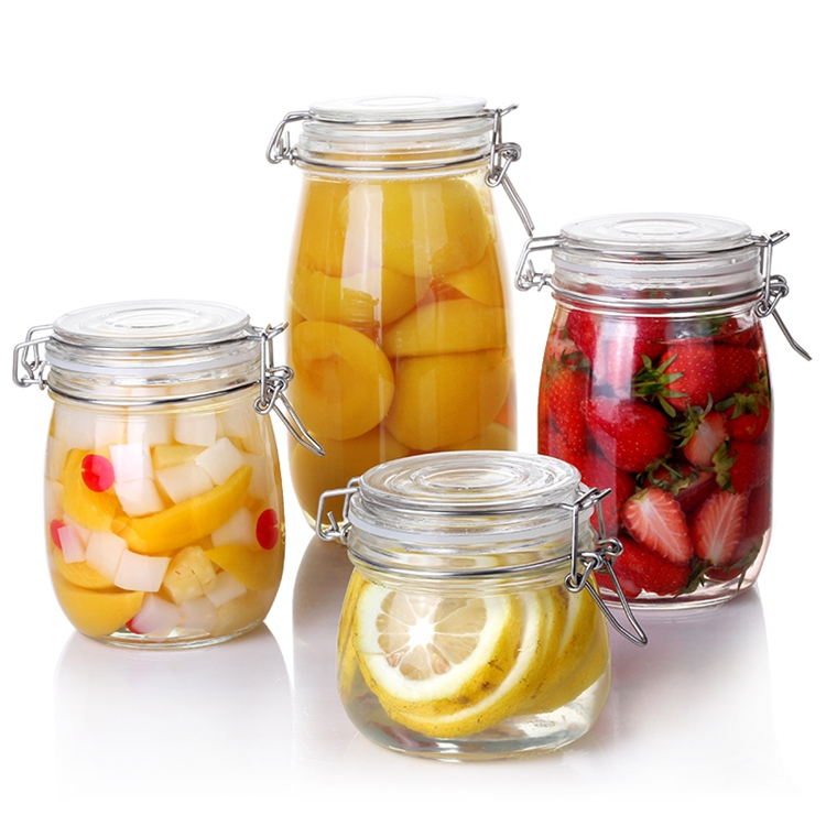 Wholesale round/square airtight glass food container storage jar with clip top