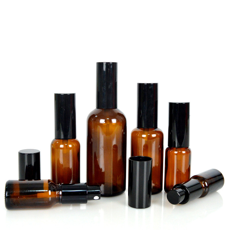 5ml-100ml amber glass bottle for cosmetics with lotion lid and spray lid