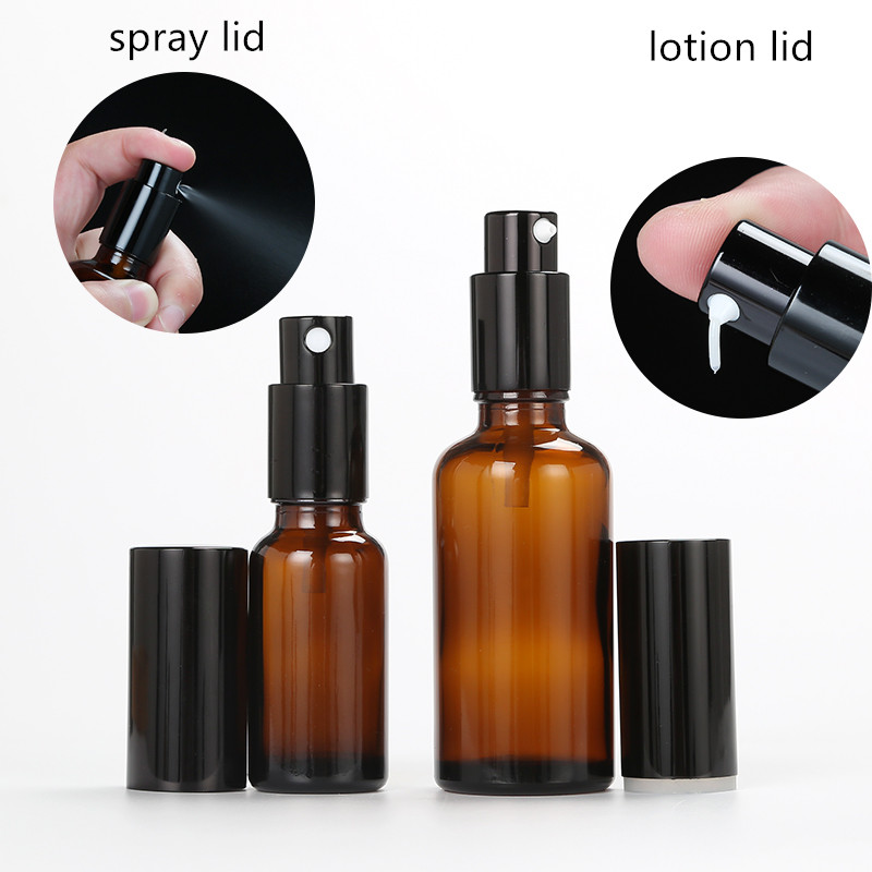 5ml-100ml amber glass bottle for cosmetics with lotion lid and spray lid