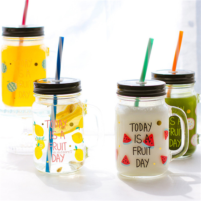 customized 250ml 380ml clear square glass drinking jar for juice with handle