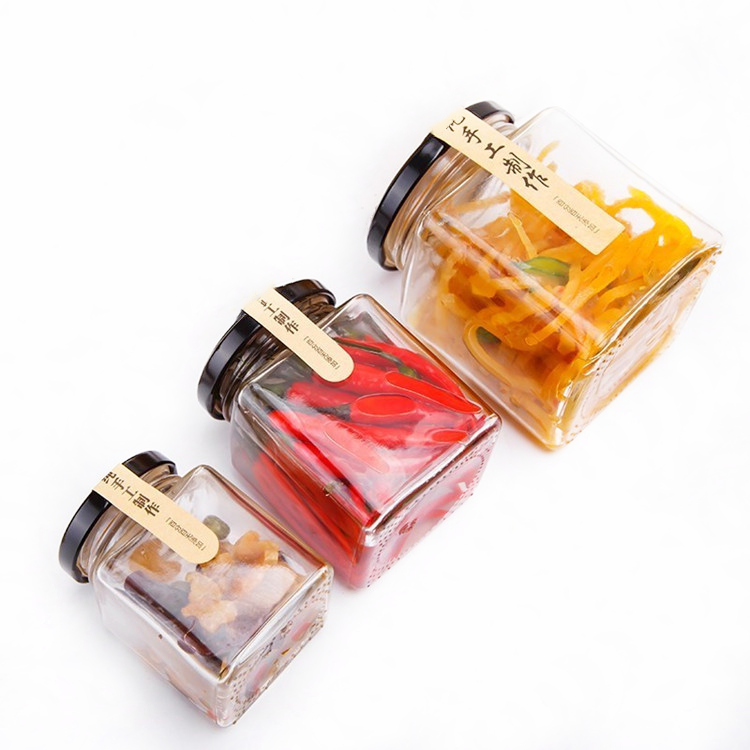 50ml -730ml square clear glass storage jar for pickle and jam with metal lid