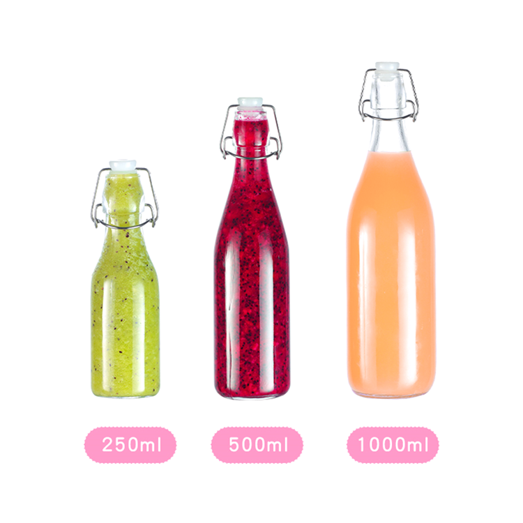 250ml 500ml 1000ml clear round airtight glass juice bottle with swing top lid