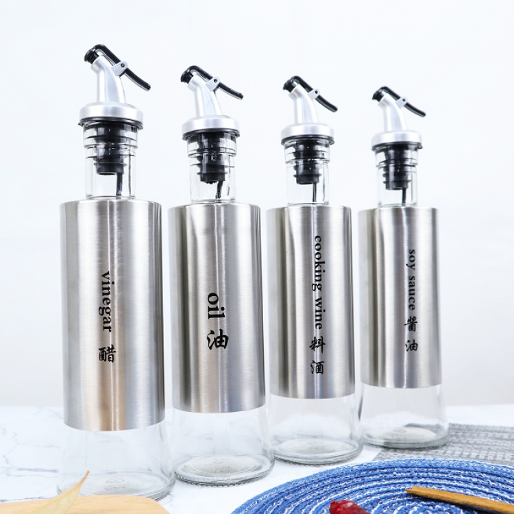 300ml 500ml prevent dripping kitchen storage glass bottle with stainless steel sleeve