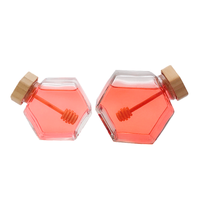 luxury 220ml 380ml flat hexagonal glass honey jar with bamboo lid