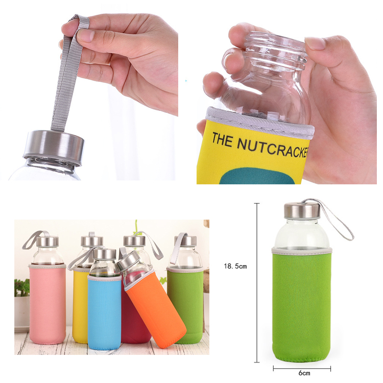 Promotional custom logo on pouch portable drinking glass 420 ml water bottle with screw cap