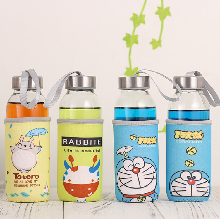 Promotional custom logo on pouch portable drinking glass 420 ml water bottle with screw cap