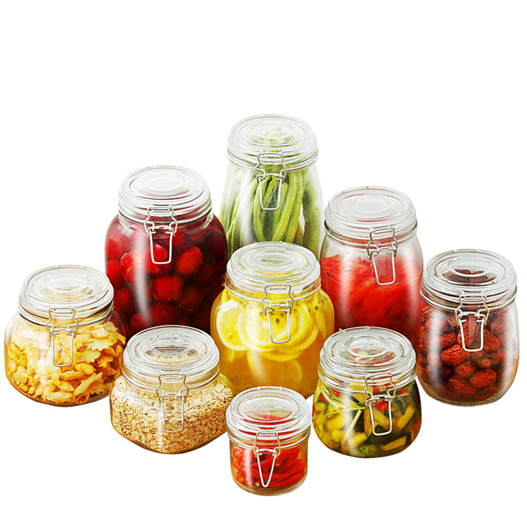 Wholesale round/square airtight glass food container storage jar with clip top