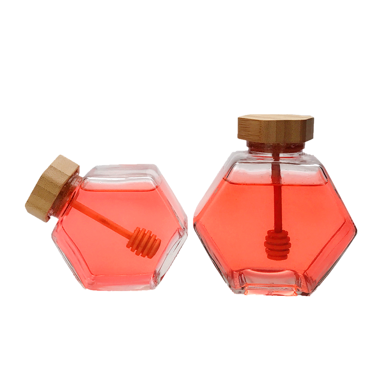 luxury 220ml 380ml flat hexagonal glass honey jar with bamboo lid