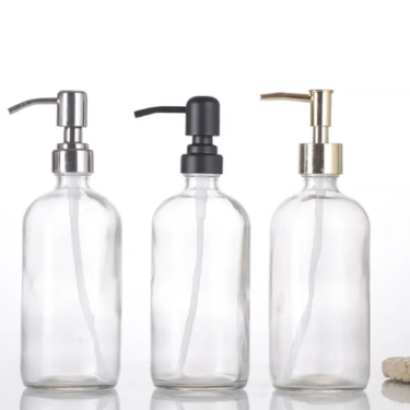 wholesale 480ml Clear Boston Liquid Soap Lotion Shampoo Glass Bottle With Metal Pump Dispenser