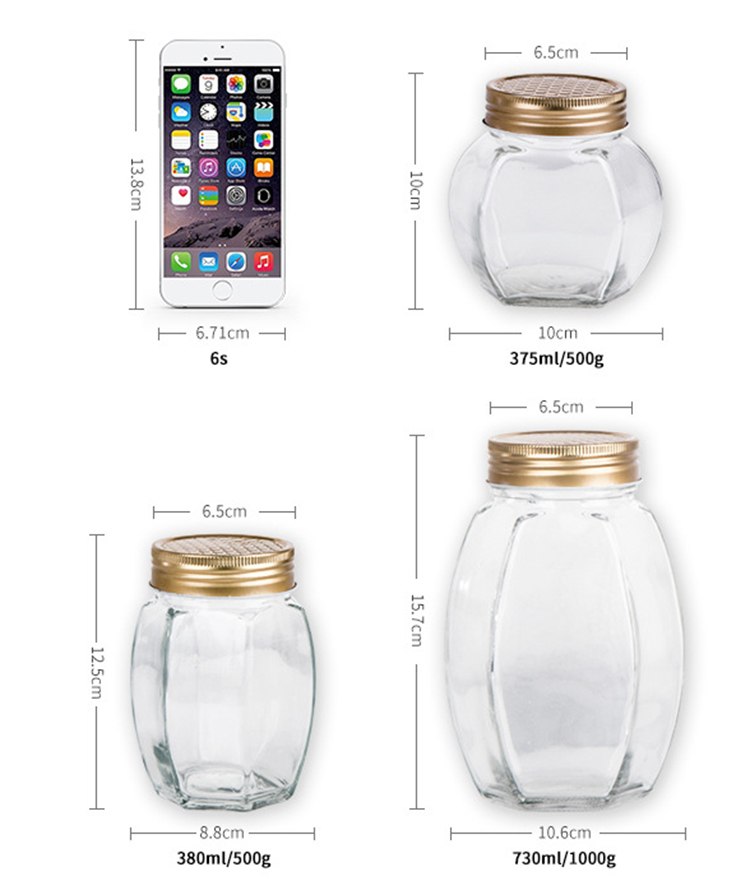 1000g 500g glass oval hexagonal honey bee jar wholesale bottle for food storage