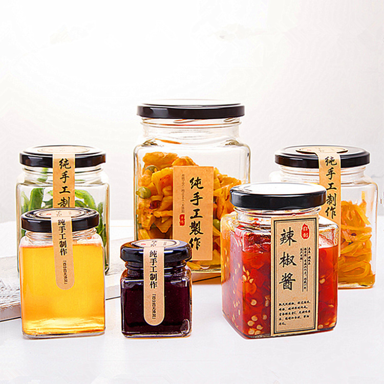 Wholesale 50, 100, 200, 280, 380, 500, 730ml Square Cheap Mini Clear Glass Honey Jam Sauce Jar Storage Bottles&Jars