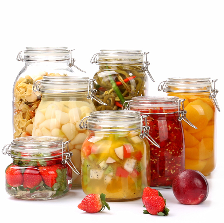 500ml 1000ml 1500ml 2000ml clear empty glass sealed can/food storage/honey/sugar glass jar with clip lid