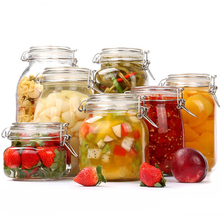 500ml 1000ml 1500ml 2000ml clear empty glass sealed can/food storage/honey/sugar glass jar with clip lid