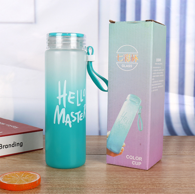 420ml cylinder frosted portable wide mouth colorful reusable glass drinking water bottle with plastic cap