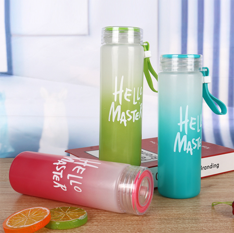 420ml cylinder frosted portable wide mouth colorful reusable glass drinking water bottle with plastic cap