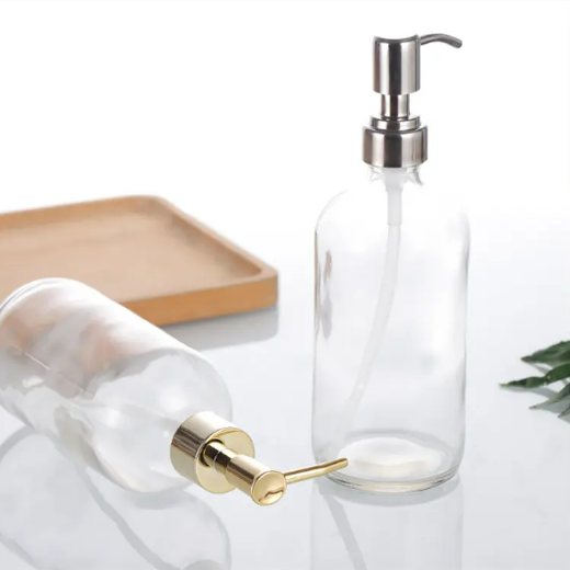 wholesale 480ml Clear Boston Liquid Soap Lotion Shampoo Glass Bottle With Metal Pump Dispenser