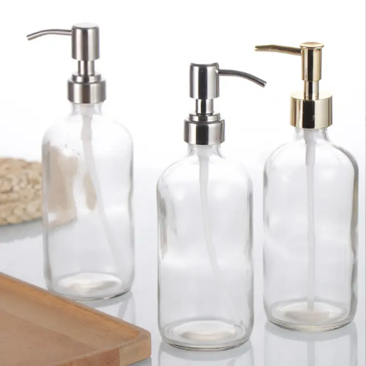 wholesale 480ml Clear Boston Liquid Soap Lotion Shampoo Glass Bottle With Metal Pump Dispenser