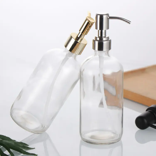 wholesale 480ml Clear Boston Liquid Soap Lotion Shampoo Glass Bottle With Metal Pump Dispenser