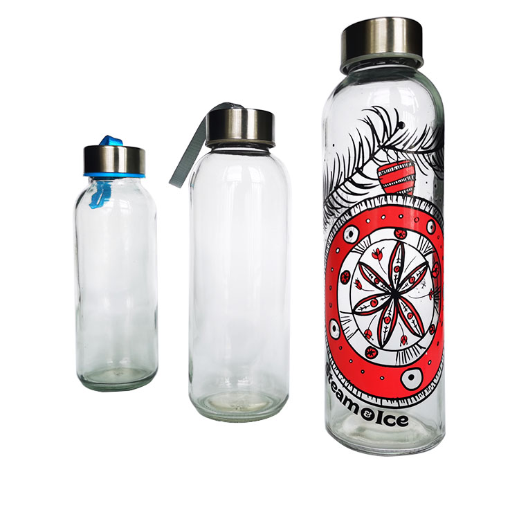 Sports water Glass Bottle beverage bottles with cap 300ml 500ml