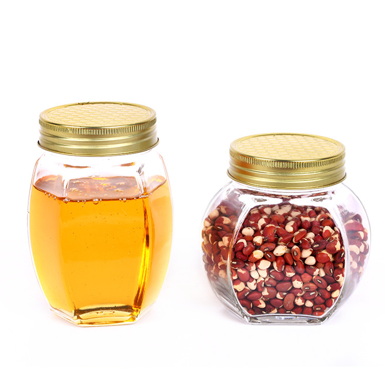 wholesale 380ml 730ml 500g 1kg hexagonal glass honey jars with metal screw cap