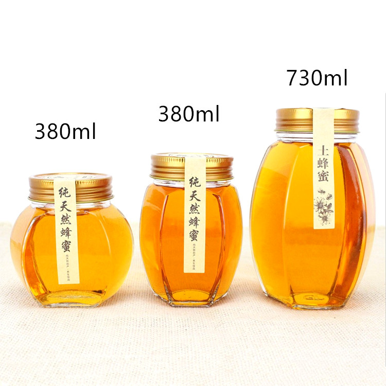 wholesale 380ml 730ml 500g 1kg hexagonal glass honey jars with metal screw cap