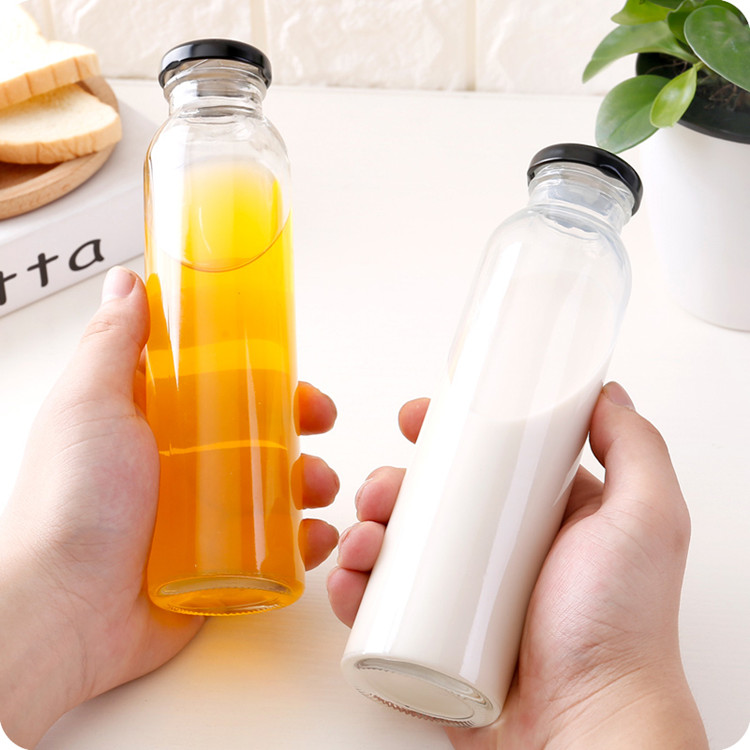 customize 300ml 500ml round glass drinking bottle for milk with lid