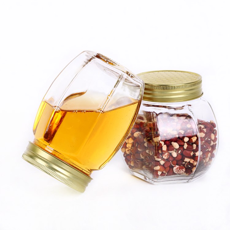 wholesale 380ml 730ml 500g 1kg hexagonal glass honey jars with metal screw cap