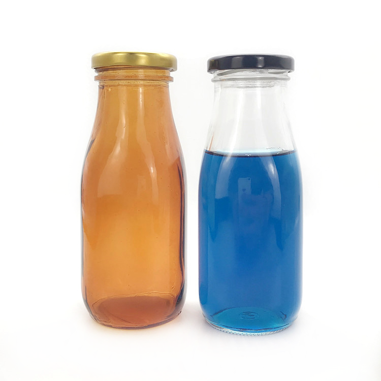 300ml amber and clear square glass drinking bottle for milk with metal lid