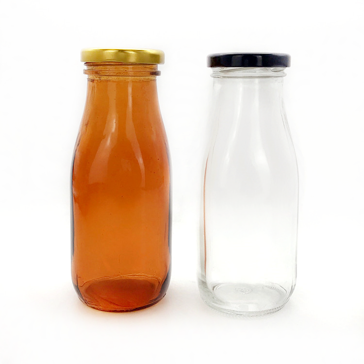 300ml amber and clear square glass drinking bottle for milk with metal lid