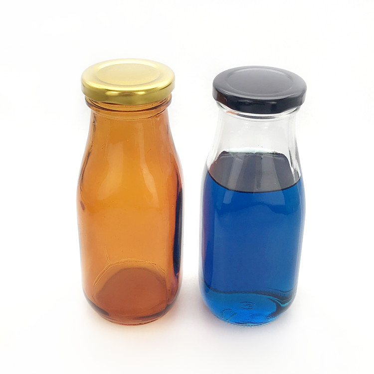 300ml amber and clear square glass drinking bottle for milk with metal lid