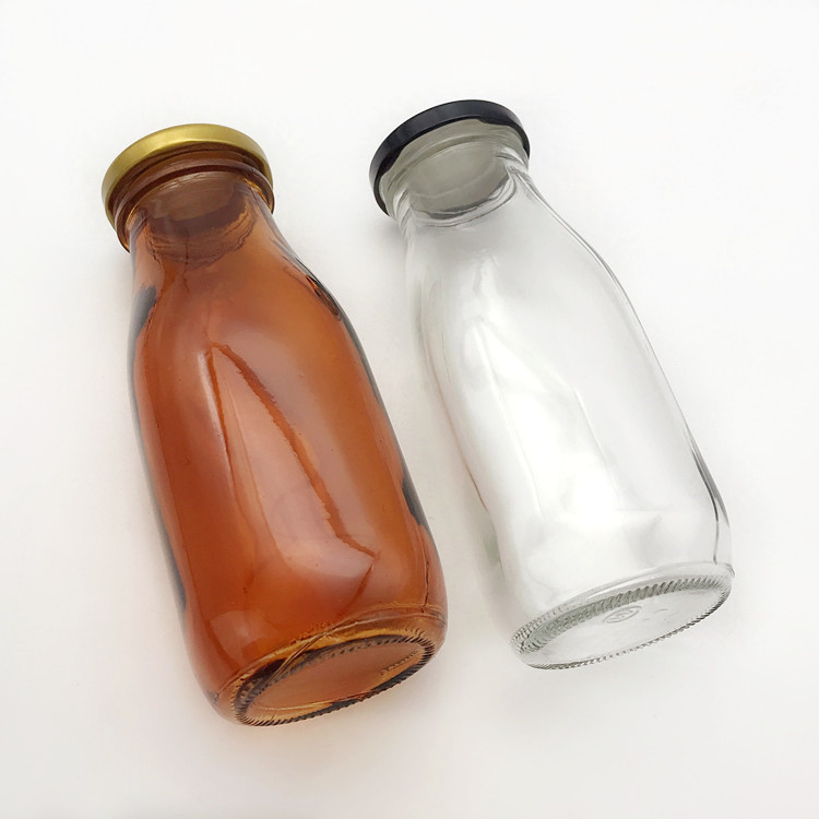 300ml amber and clear square glass drinking bottle for milk with metal lid