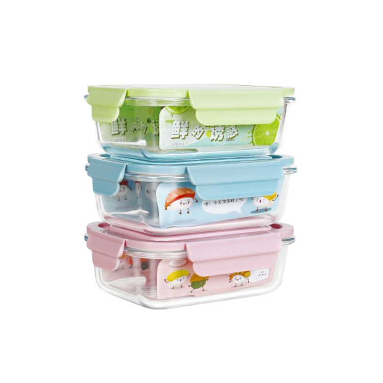 Rectangular glass lunch box glass food container with plastic cap
