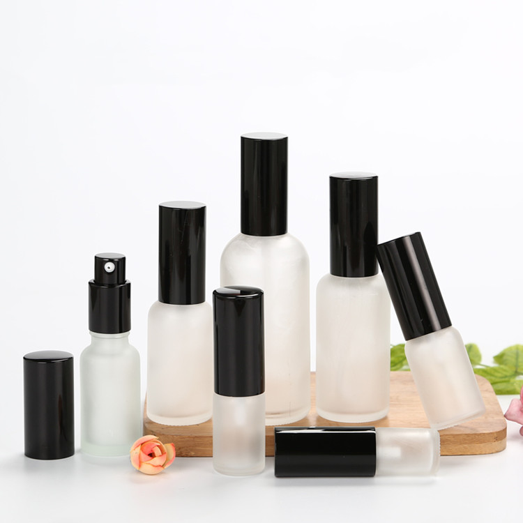 wholesale 5ml-100ml frosted small glass cosmetic bottle with spray cap and pump lid