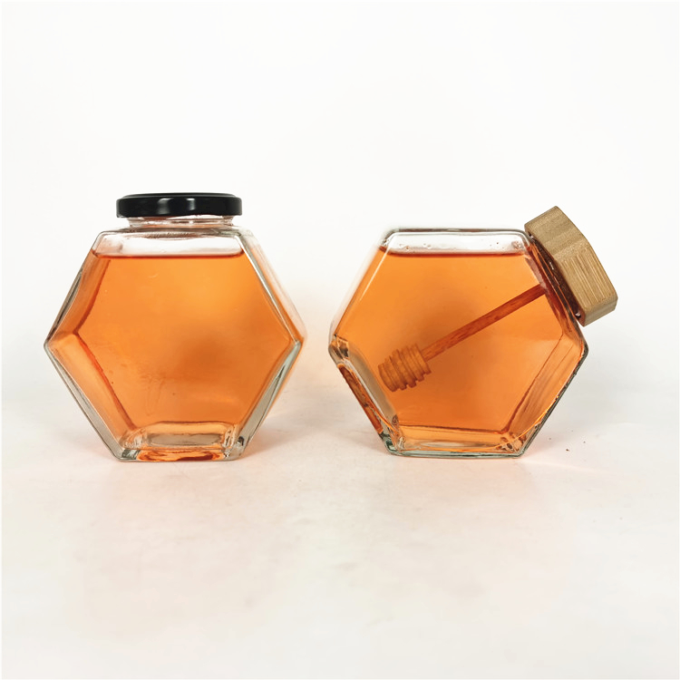 Luxury 380ml hive pure honey jar glass with hexagonal wood lid /Metal twist off lid