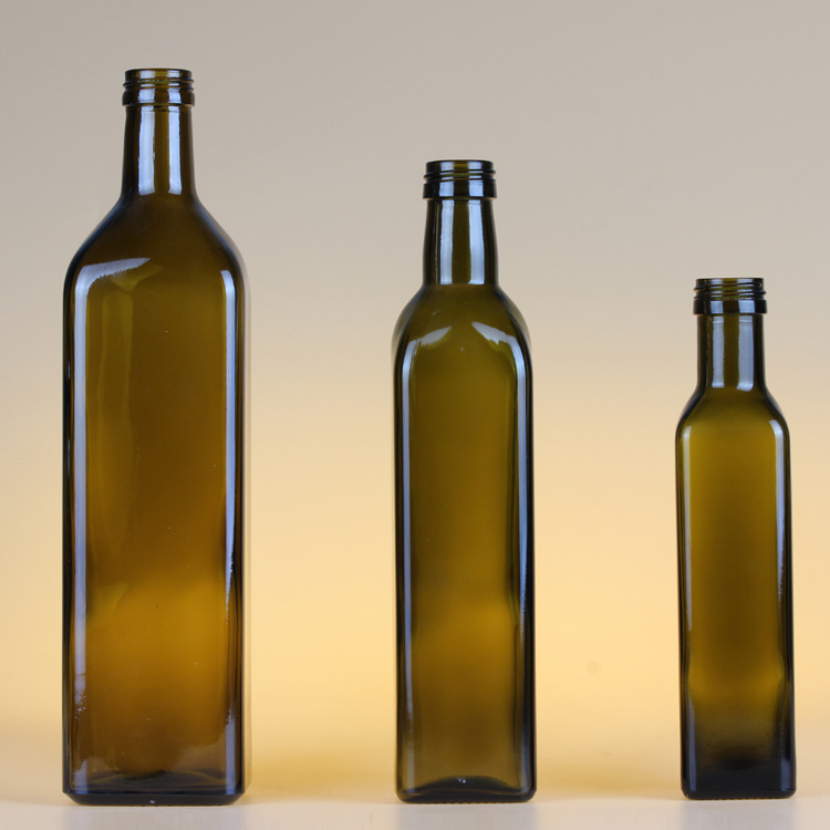 High quality dark green/amber round glass olive oil bottle with cap