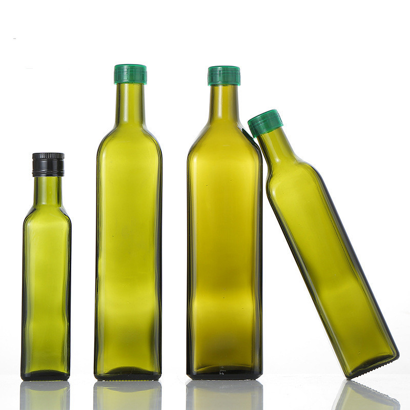 High quality dark green/amber round glass olive oil bottle with cap