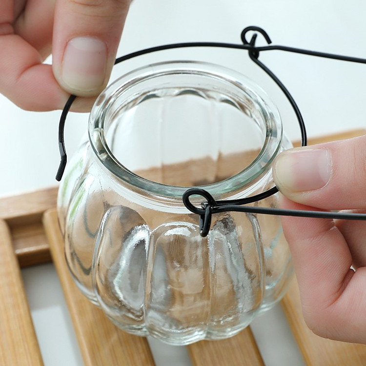 creative pumpkin lantern shaped decorative glass jar for candle with wire handle