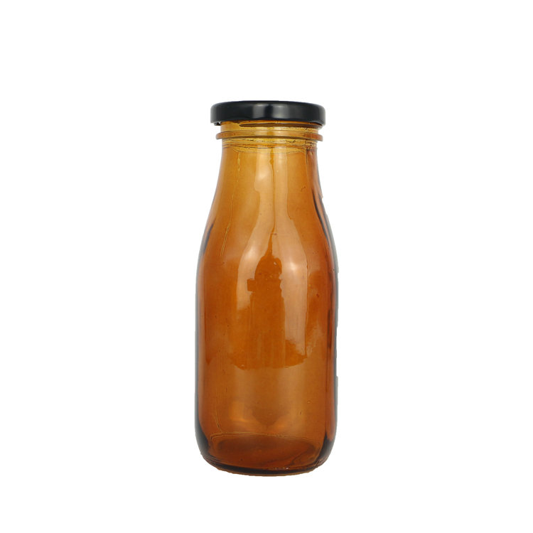 300ml Custom Tea Drinking fresh fruit juice amber glass bottle With Black Lid