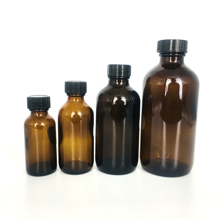 Wholesale 30ml 50ml 120ml 250ml amber round boston glass bottle with plastic lid