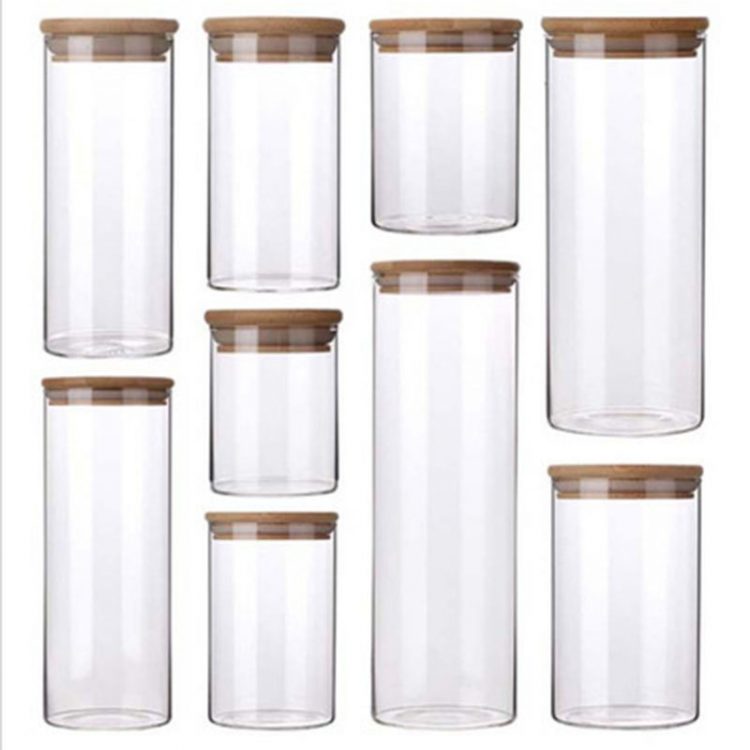 Customized capacity high borosilicate glass container food storage glass jars with wood lid