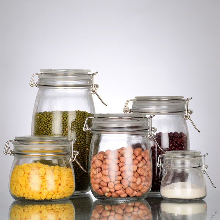 Eco-friendly cookie candy honey food glass storage jar with airtight clip top storage tank