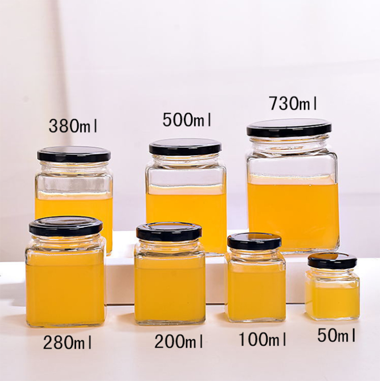 China manufacturer supply square glass honey bottle/jar storage jam sauce canned pickle glass jar with metal lids