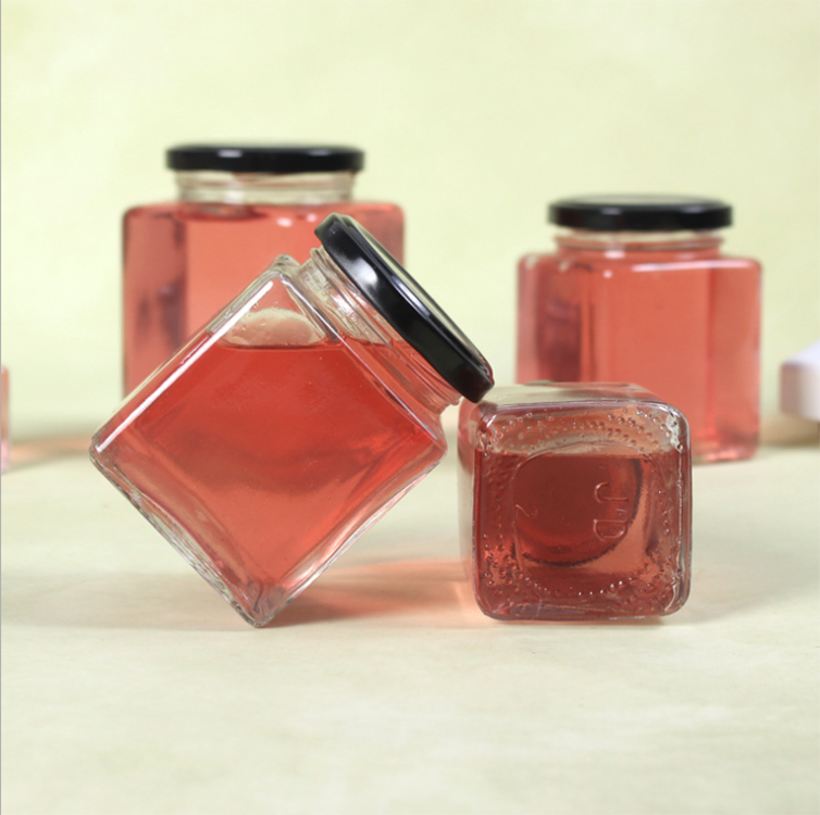 China manufacturer supply square glass honey bottle/jar storage jam sauce canned pickle glass jar with metal lids