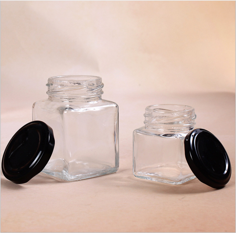 China manufacturer supply square glass honey bottle/jar storage jam sauce canned pickle glass jar with metal lids